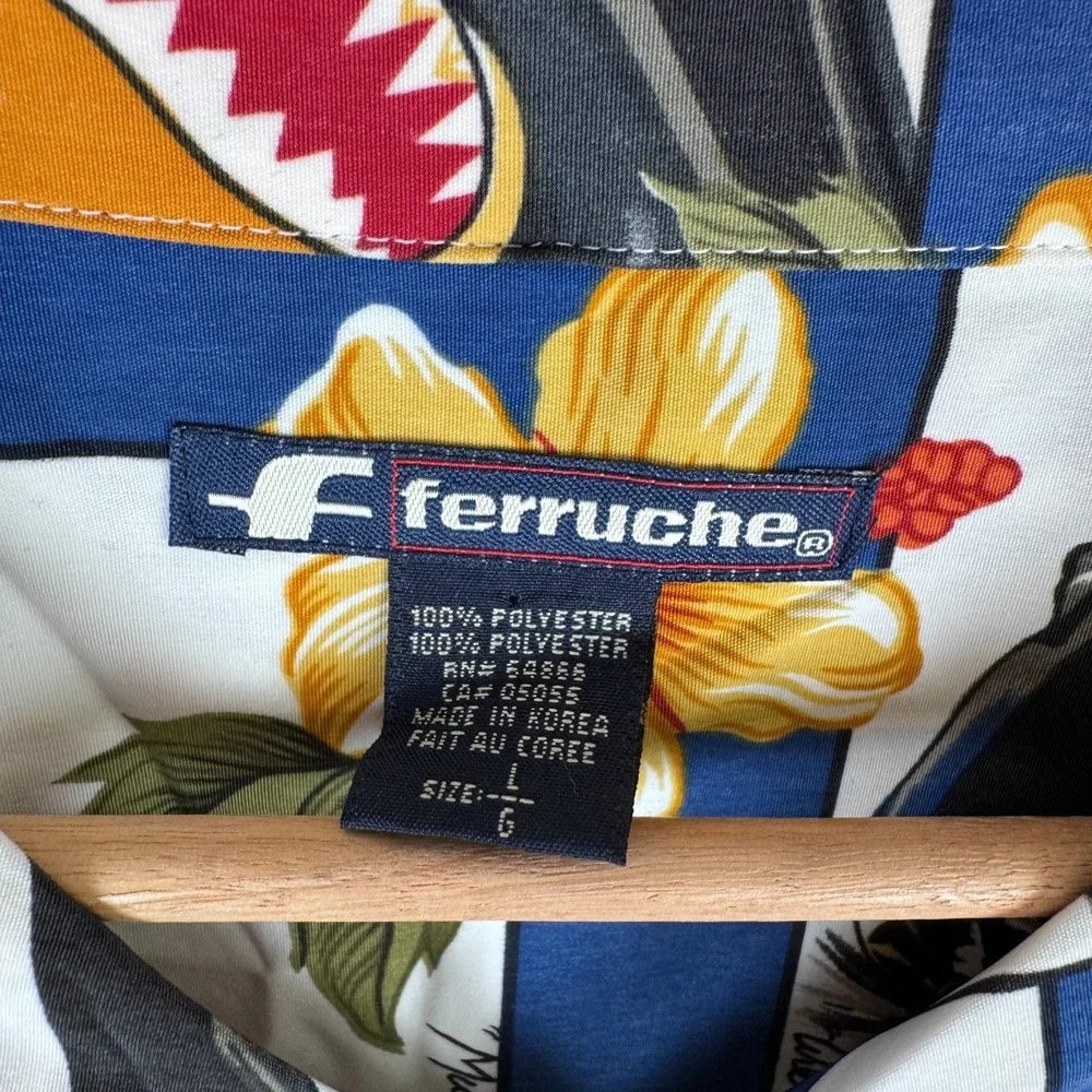Vintage Ferruche Hawaiian Shirt Men's L Button Short Sleeve Floral Fighter Jet - Picture 4 of 7